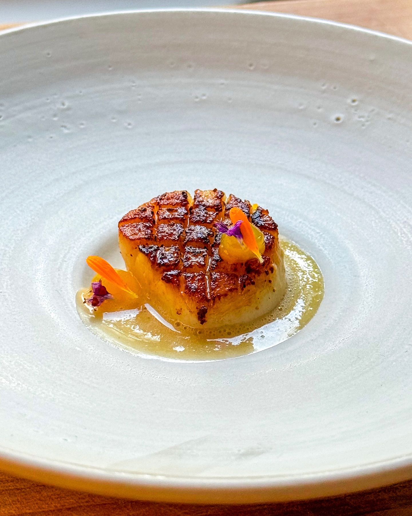 🐚🍋‍🟩 Coquille • Miso • Yuzu • Dashi
🇬🇧🐚 Scallop • Miso • Yuzu • Dashi

Met dit gerechtje knal je ff lekker qua umami! Het is een fantastische amuse waarmee je zeker indruk maakt. Je vindt het recept dan ook op haroldkookt.nl 📌 

Je ziet een mooie gebakken coquille die ik vooraf even insneed; zie je hoeveel mooie gekaramelliseerde randjes je nu hebt?! De coquille ligt op een heerlijke dot aardpeer-misocrème en eromheen zie je wat yuzugel 🍋‍🟩 

Ik maakte dit gerechtje af met een fantastische beurre blanc op basis van Tomasu sojasaus en blaadjes goudsbloem en paarse basilicumbloemen 🌿 

✌️ 

#finediningathome #scallop #yuzu #miso #soy #dashi #umami
