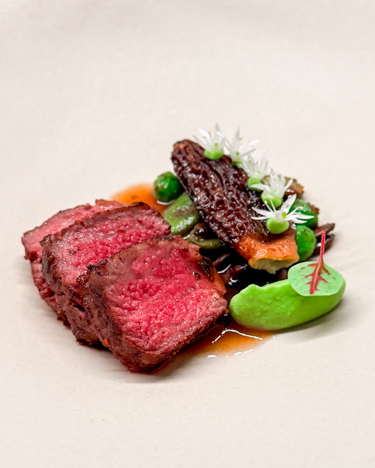 🥩🍄‍🟫 Wagyu A5+ ossenhaas • Morille • Doperwt
🇬🇧🥩 Wagyu A5+ tenderloin • Morel • Pea

🥩 Je zou maar zo’n mooi stukje vlees te pakken krijgen… Zo lekker mals, echt top! Ik combineerde het met wat mooie voorjaarsproducten.

🍄‍🟫 Te beginnen met een morille, gevuld met crème van aardpeer met miso. Die ligt op een mix van doperwten, tuinbonen en geroosterde pompoenpitten.

🫛 Verder zie je een crème van doperwten, cress van rode zuring en daslookbloemen. Een heerlijke truffeljus maakt het gerechtje helemaal af.

✌️