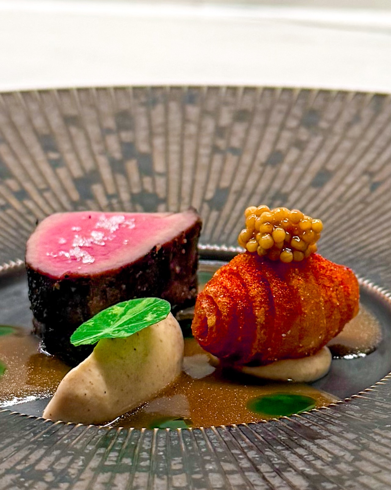 🥐🥩 Hertenhaas • Aardappel croissant • Geroosterde bloemkool 
🇬🇧🥩 Venison • Potato croissant • Roasted cauliflower 

Gewoon heel lekker en tof om te zien. Een heerlijk stukje hertenhaas met ernaast een croissant van aardappel met erop ingemaakt mosterdzaad 🥐 

Verder zie je crème van geroosterde bloemkool en een favoriet: morillesaus. Ik maakte het af met wat kruidenolie en een blaadje Oost-Indische kers 🌿 

✌️