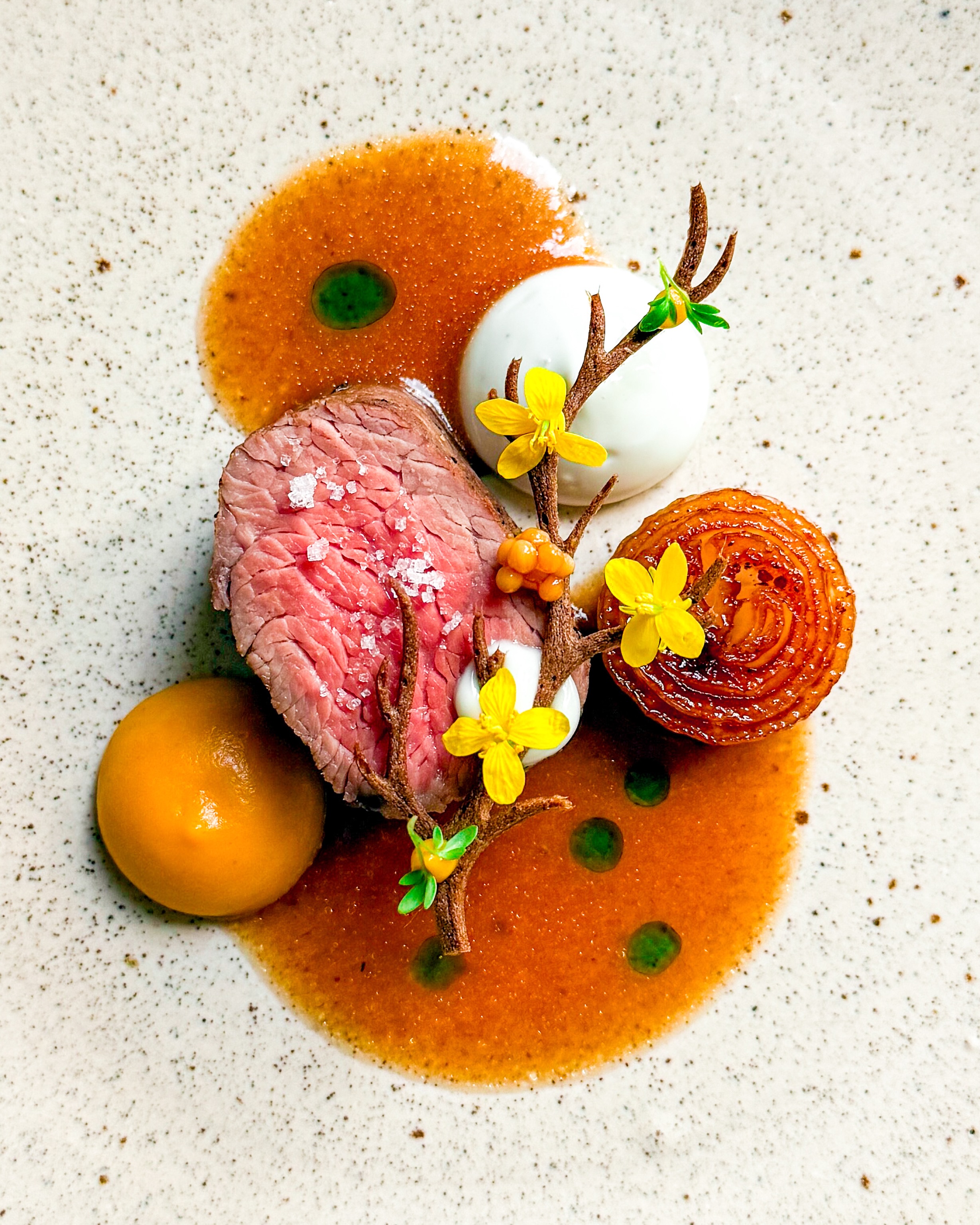 🥩🧅 Diamanthaas • Sjalot • Roquefort
🇬🇧🥩 Chuck tender • Shallot • Roquefort 

Dit is een gouden combinatie! Een mooi stukje vlees met de mooie smaken van Roquefort, gekaramelliseerde sjalot en pompoen met vadouvan 🎃 

De saus is op basis van madeira met hierin een paar druppels kruidenolie. Een tuille met zwarte knoflook en wat koolzaadbloemen maken dit heerlijke gerechtje af 🌿 

✌️