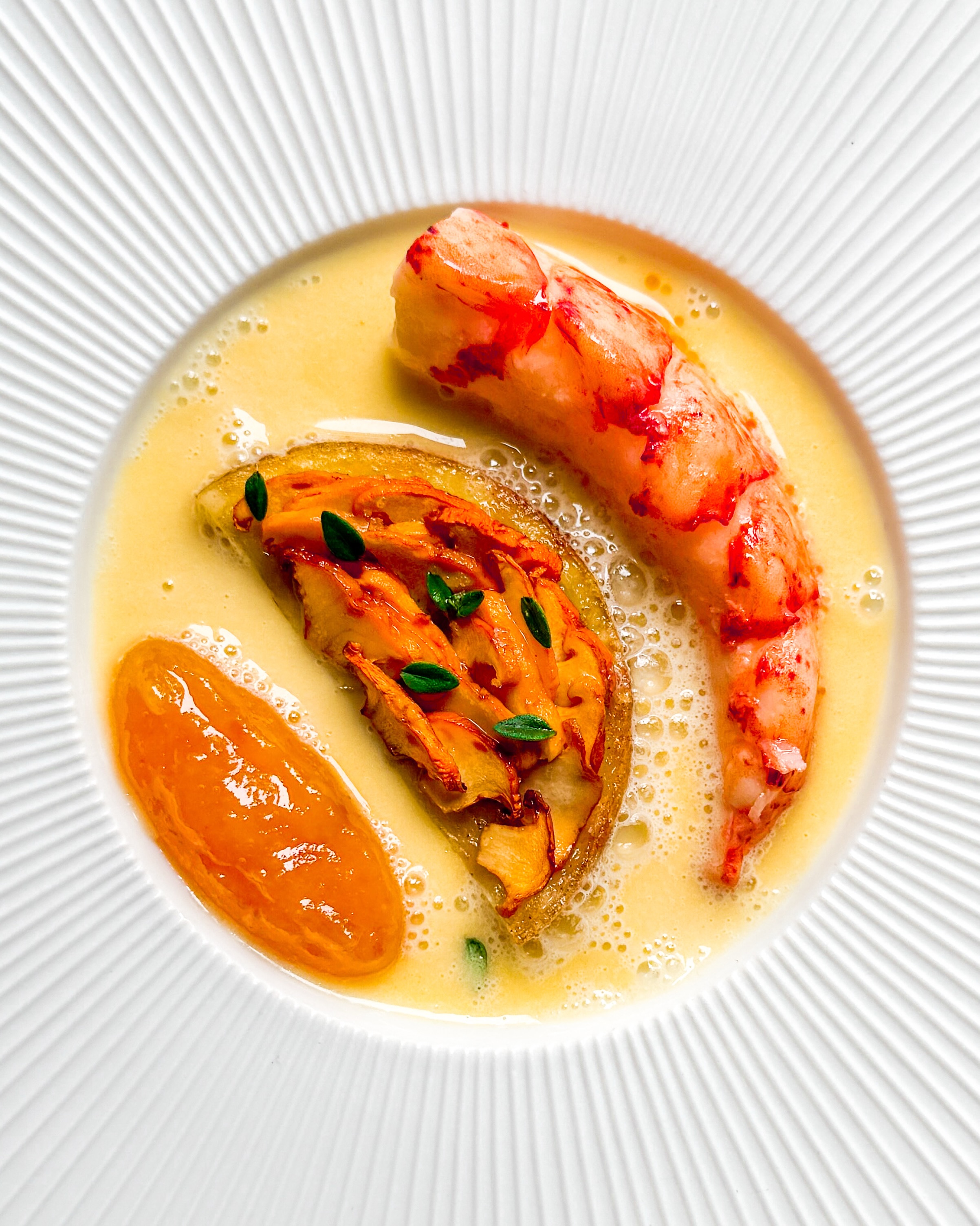 🦞 Kreeft • Aardappel • Vin jaune
🇬🇧 Lobster • Potato • Vin jaune

Na de vakantie weer lekker aan de slag in je eigen keuken; ik vind dat heerlijk. Al kan zo’n vakantie me ook niet lang genoeg duren… 😇

Het is een superlekker gerechtje geworden! Kreeftenstaart, gepocheerd in beurre noisette met wat citroen. Ernaast een dunne schijf gebakken aardappel met hierop plakjes cantharel 🍄‍🟫 

Verder zie je compote van mirabel-pruimen (met een beetje tabasco, dat werkt heel leuk!) en ik maakte het gerecht af met een heerlijke saus op basis van vin jaune en een paar blaadjes citroentijm 🌿
